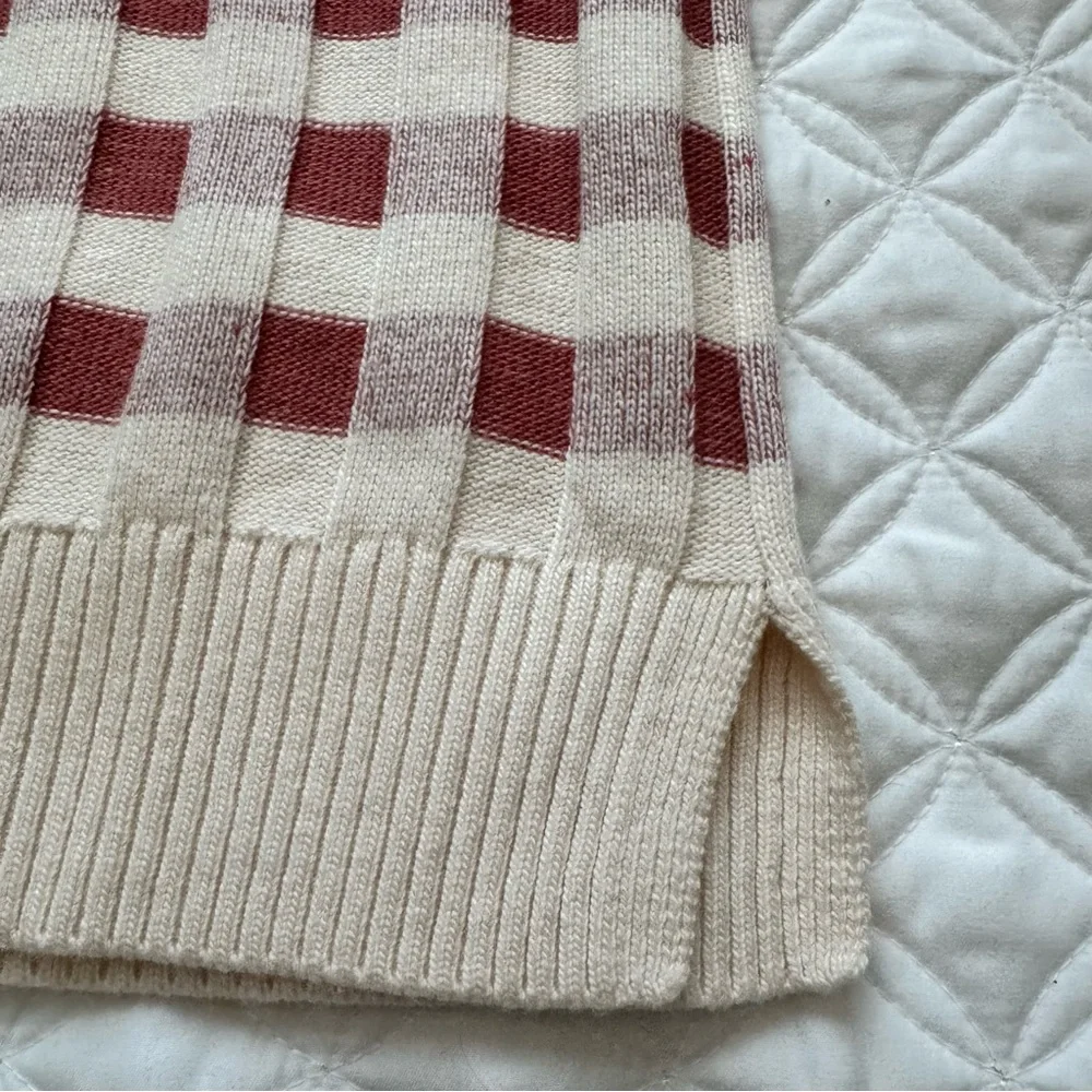 NWT LOFT Gingham Crewneck Pullover Long Sleeve Sweater Beige Rust - Size M - Picture 9 of 12